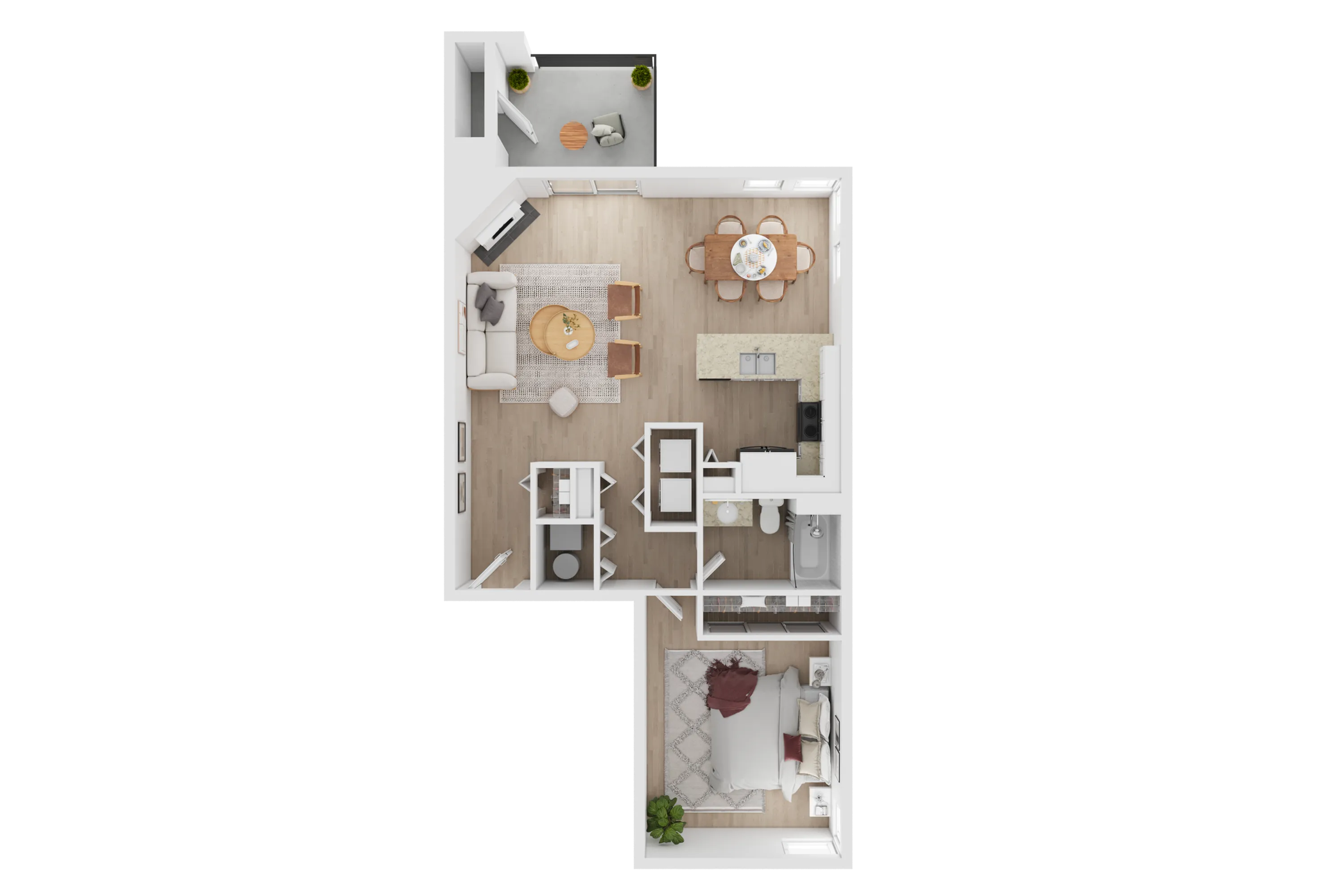 Chic open-concept apartment floor plan with one bedroom, spacious living area, modern kitchen, and cozy balcony.