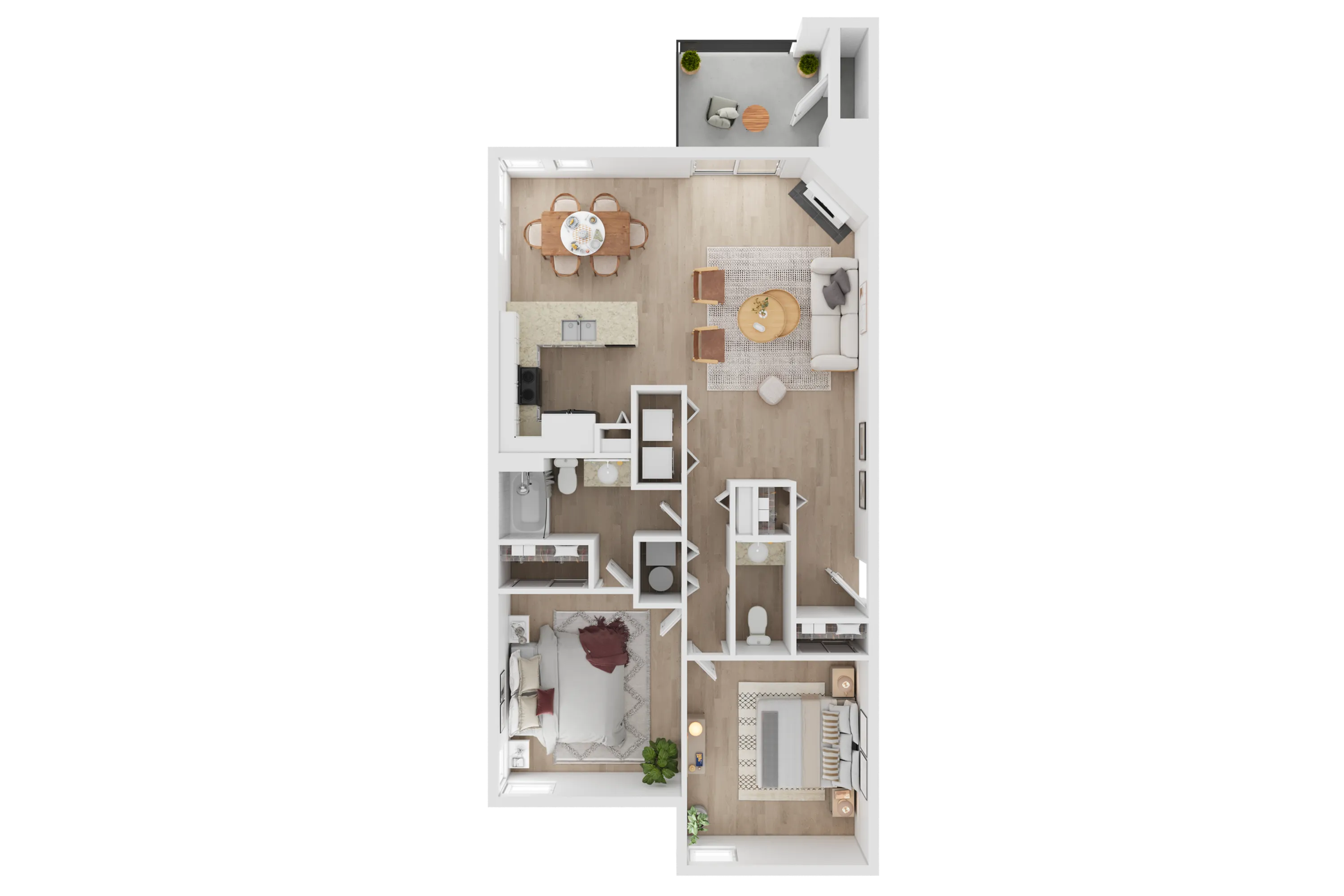 Contemporary 2-bedroom floor plan featuring an open-layout living and dining area with modern kitchen, two bathrooms, and a cozy balcony.