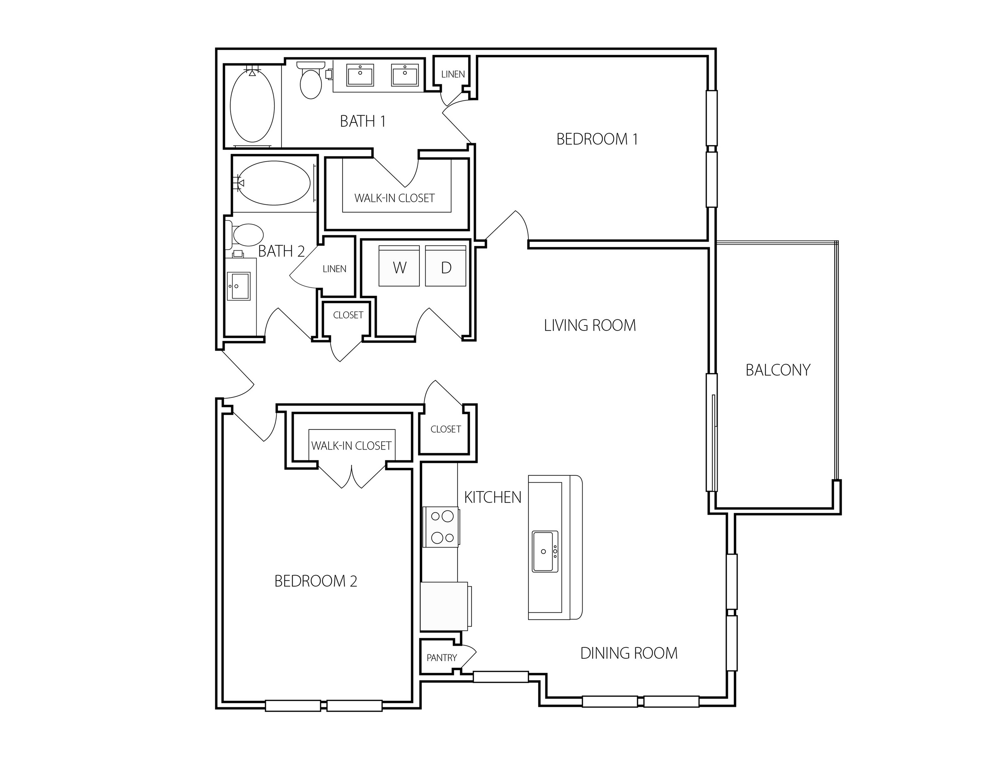 Spacious floor plan showcasing 2 bedrooms, 2 baths, open-concept kitchen and dining area, and a scenic balcony.