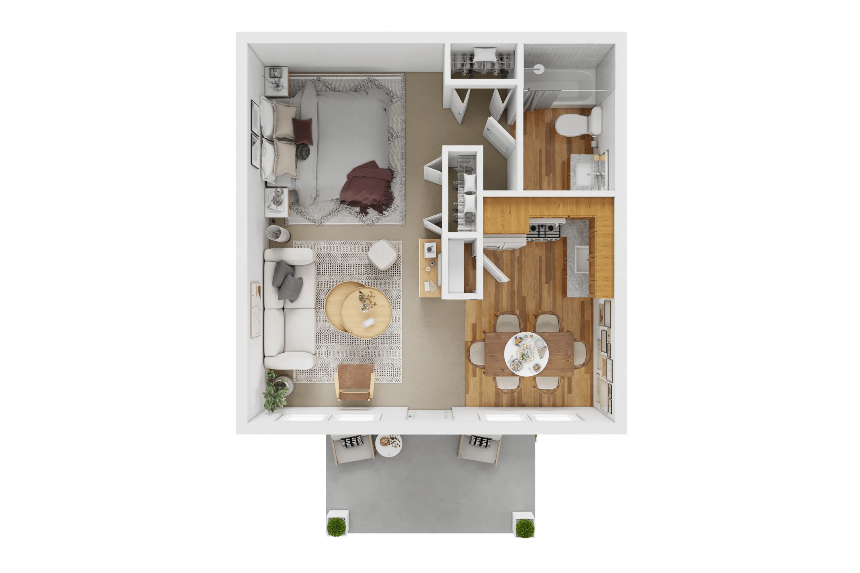 Charming 1-bedroom apartment floor plan with an inviting living room, modern kitchen, cozy dining area, and spacious balcony.