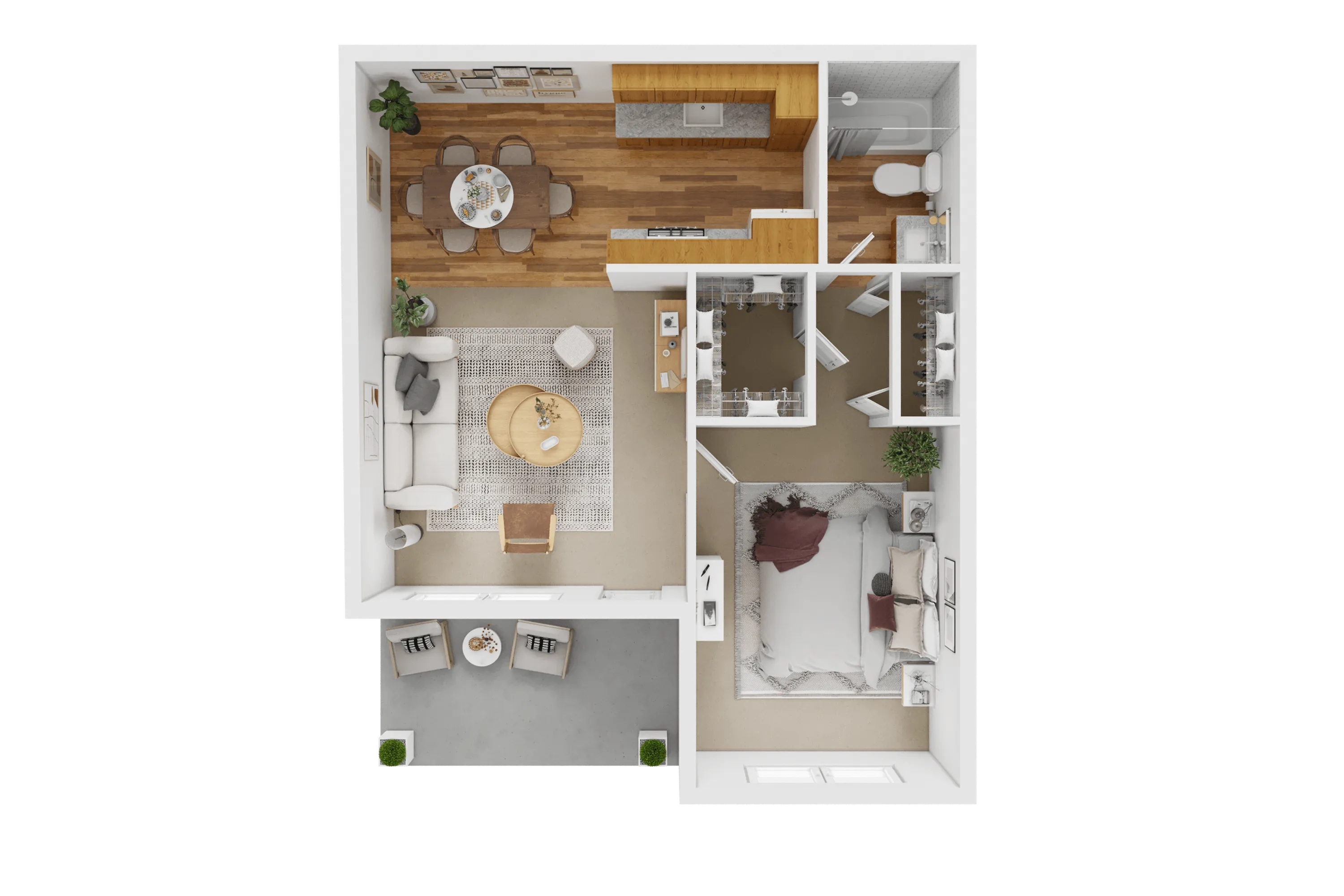 Modern 2D floor plan showcasing a cozy one-bedroom apartment with an open-concept living and dining area, sleek kitchen, and stylish bathroom.