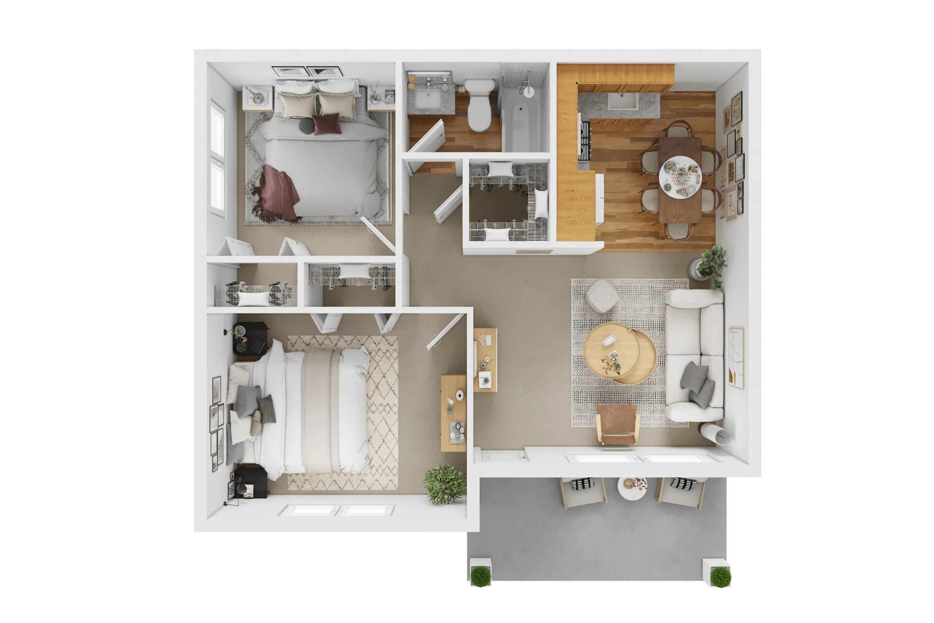 Elegant 3D floor plan highlighting a cozy living room, modern kitchen, two inviting bedrooms, and a contemporary bathroom.