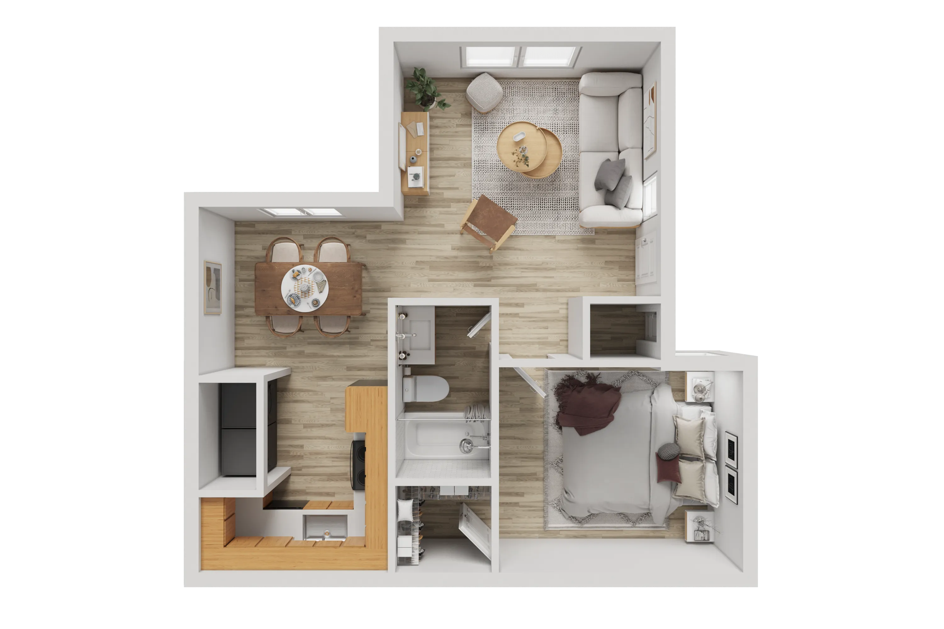 Charming 3D floor plan showcasing a cozy one-bedroom apartment with an inviting open-concept living and dining area, modern kitchen, and sleek bathroom.