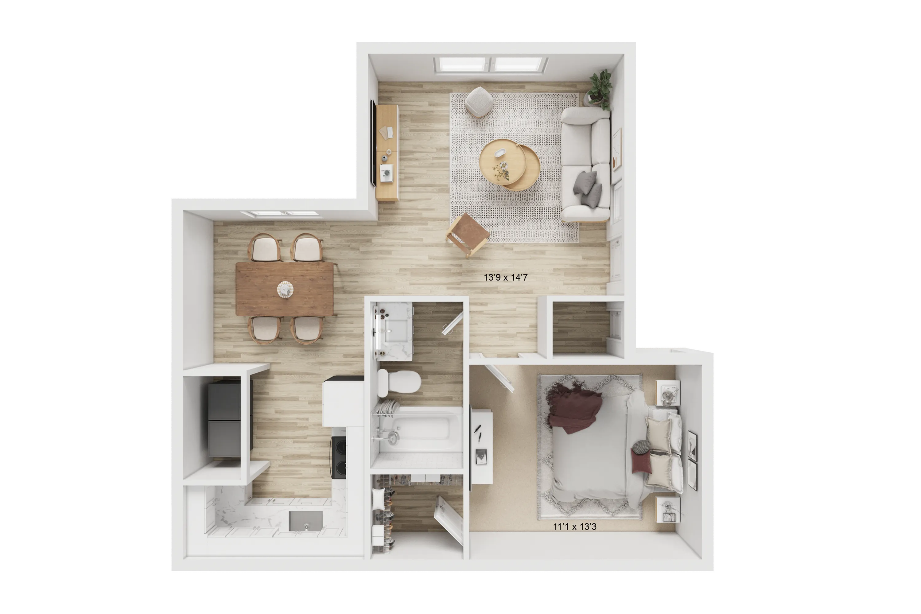 Charming L-shaped floor plan featuring a cozy living area, elegant dining space, modern kitchen, and spacious bedroom with inviting decor.