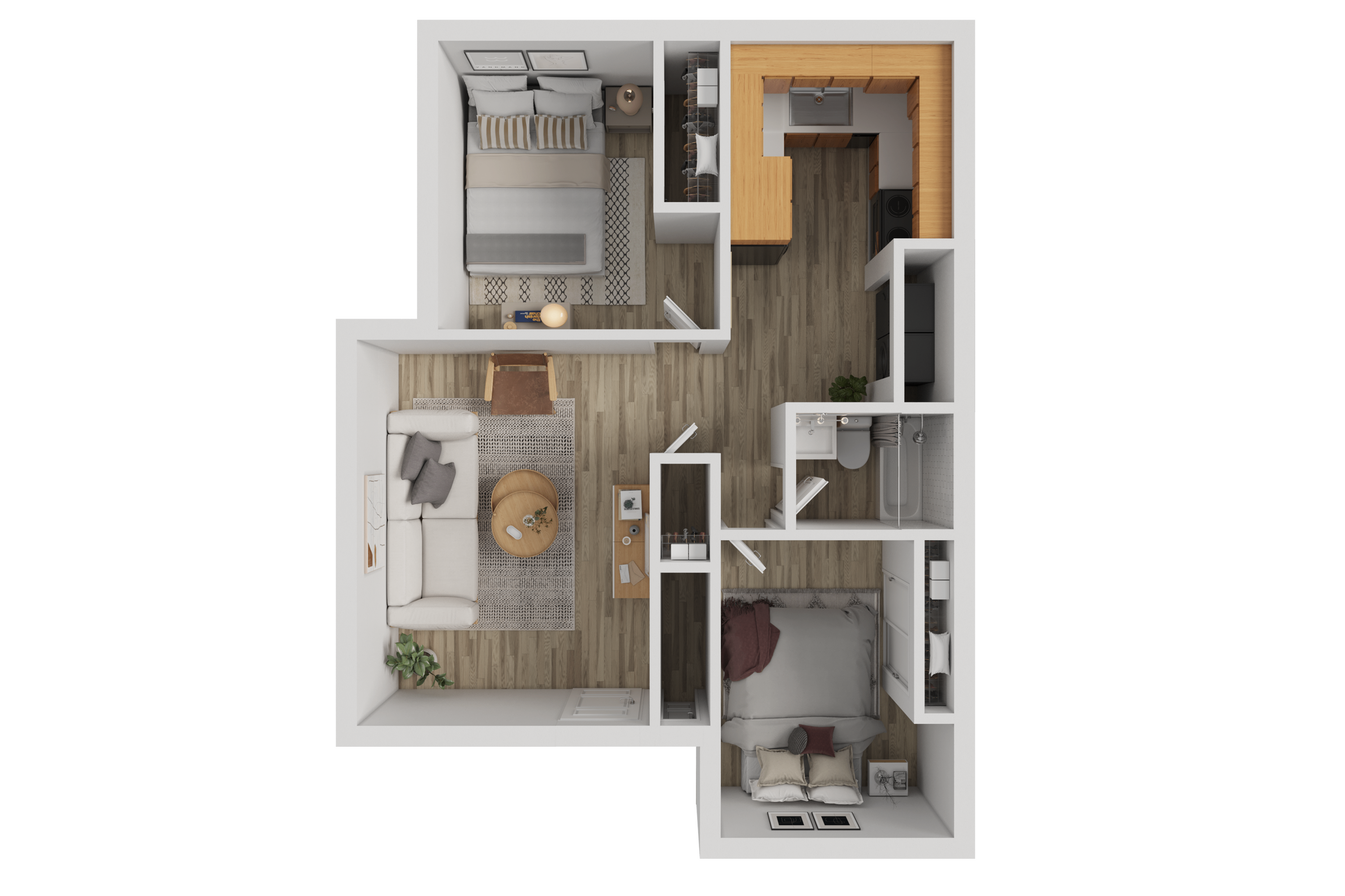 Contemporary 2-bedroom apartment floor plan with spacious kitchen, cozy living room, and stylish bathroom design.