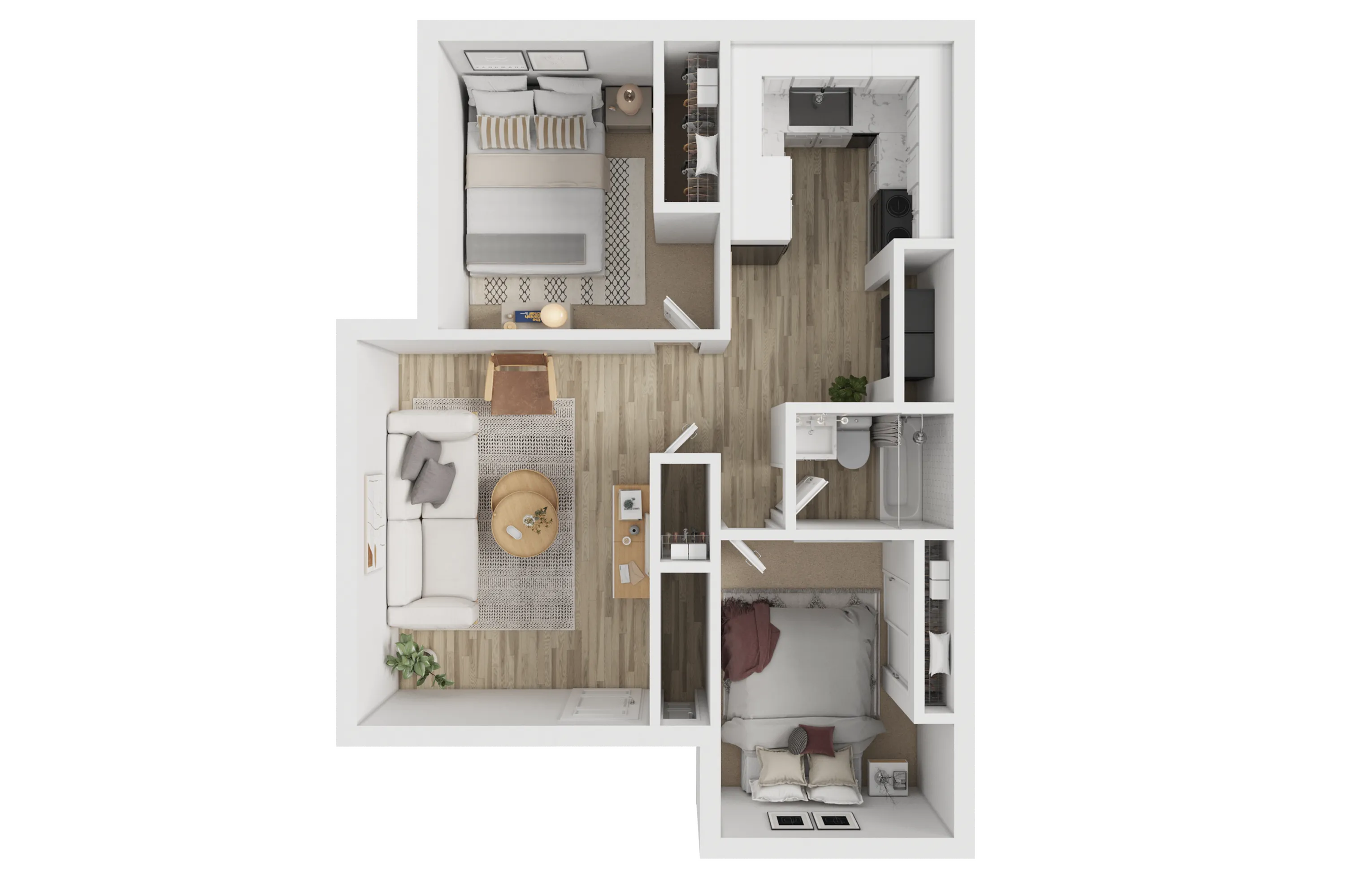Elegant 2D floor plan showcasing a modern two-bedroom apartment with a cozy living area, chic kitchen, and stylish bathroom.