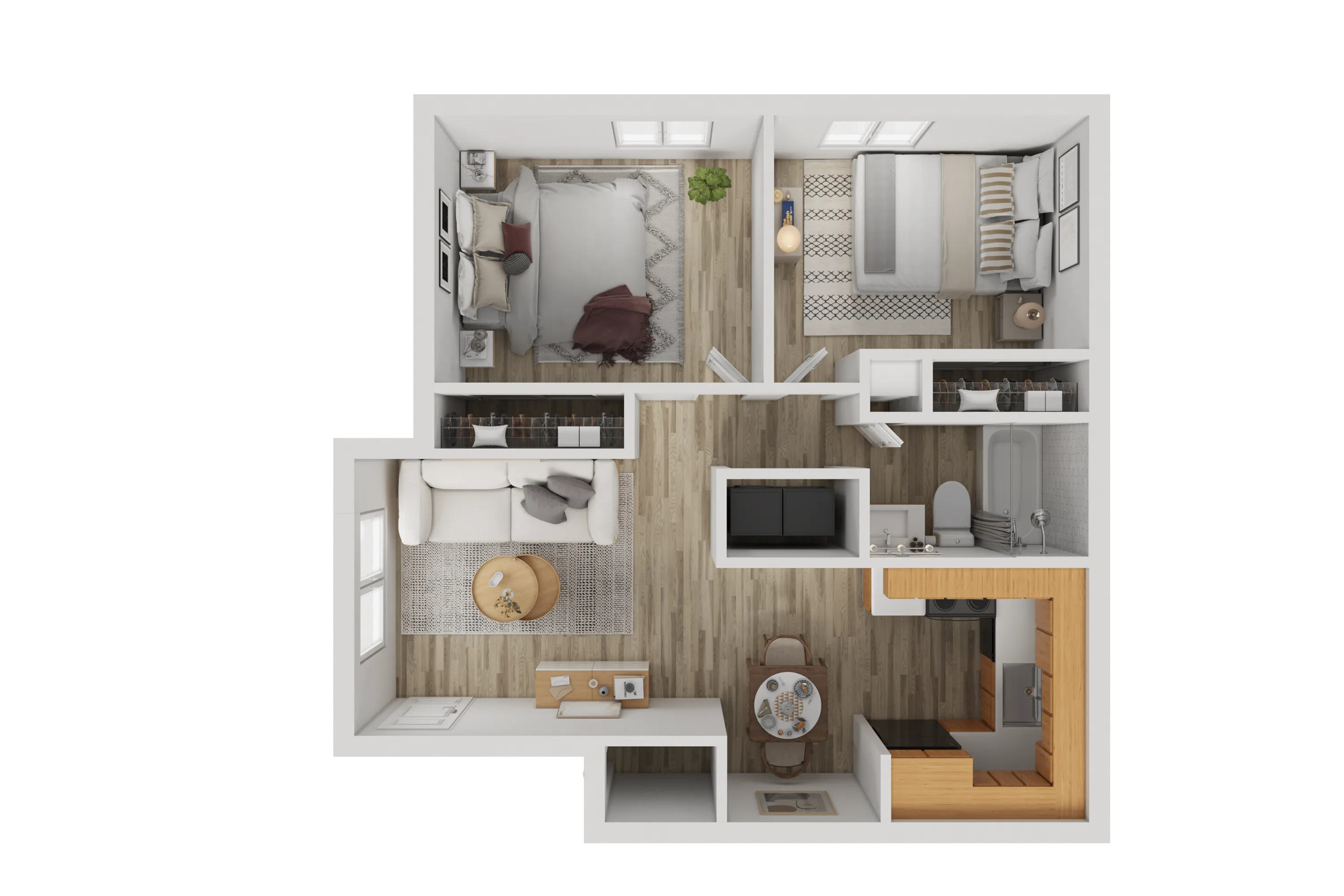 Contemporary 2D floor plan showcasing a cozy 2-bedroom apartment with an inviting open living area, modern kitchen, and elegant wood flooring.