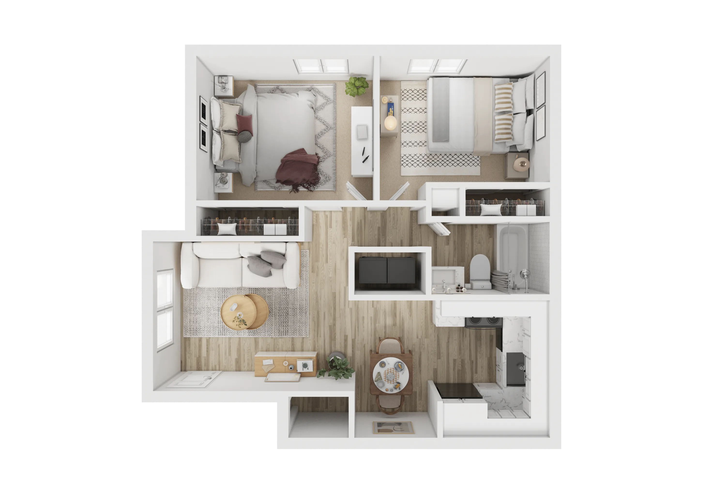 Modern 2D floor plan highlighting two bedrooms, a cozy living room, a compact kitchen, and a stylish bathroom layout.