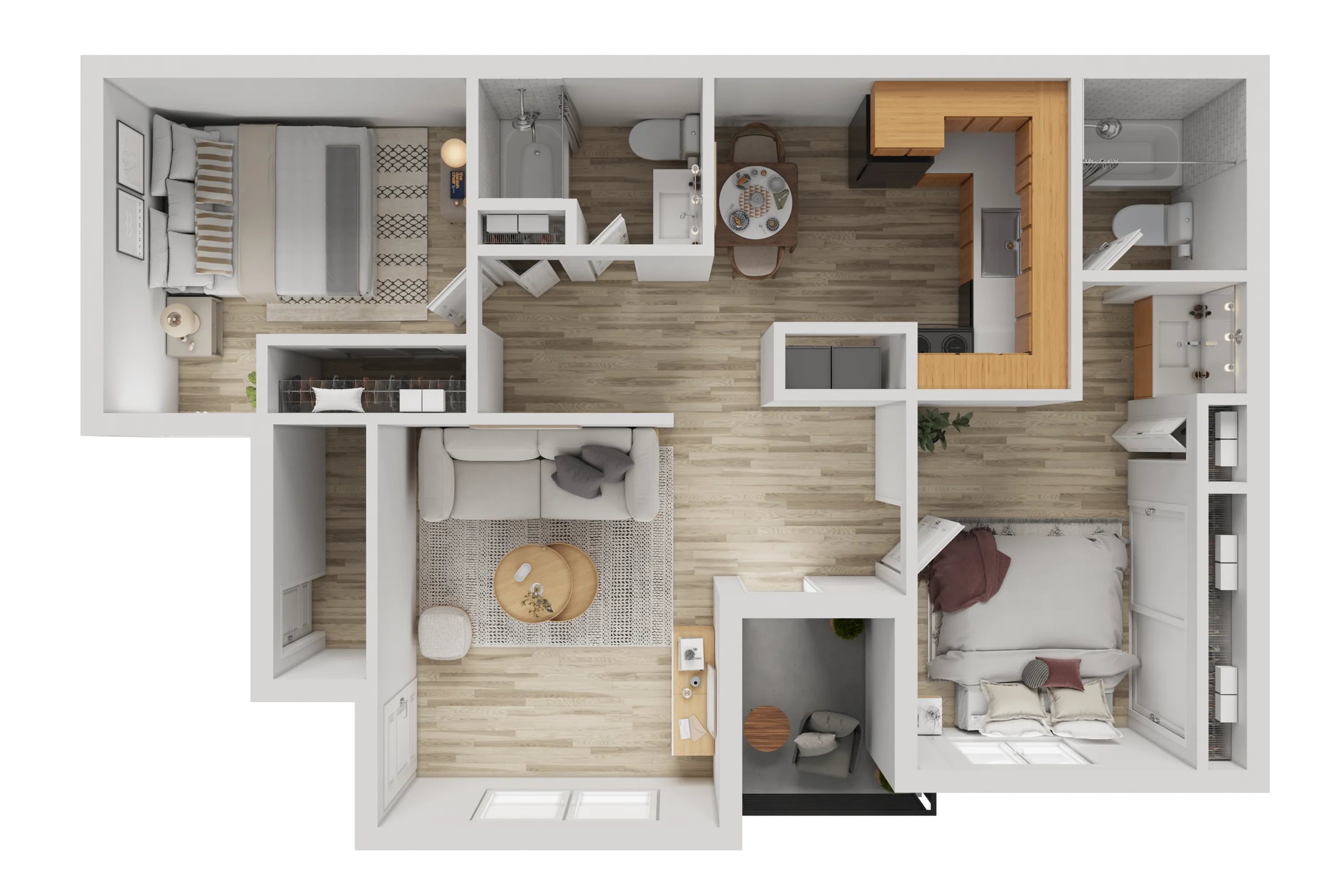 Elegant floor plan featuring two spacious bedrooms, a stylish open-concept living area, a modern kitchen with sleek cabinetry, and two well-appointed bathrooms.