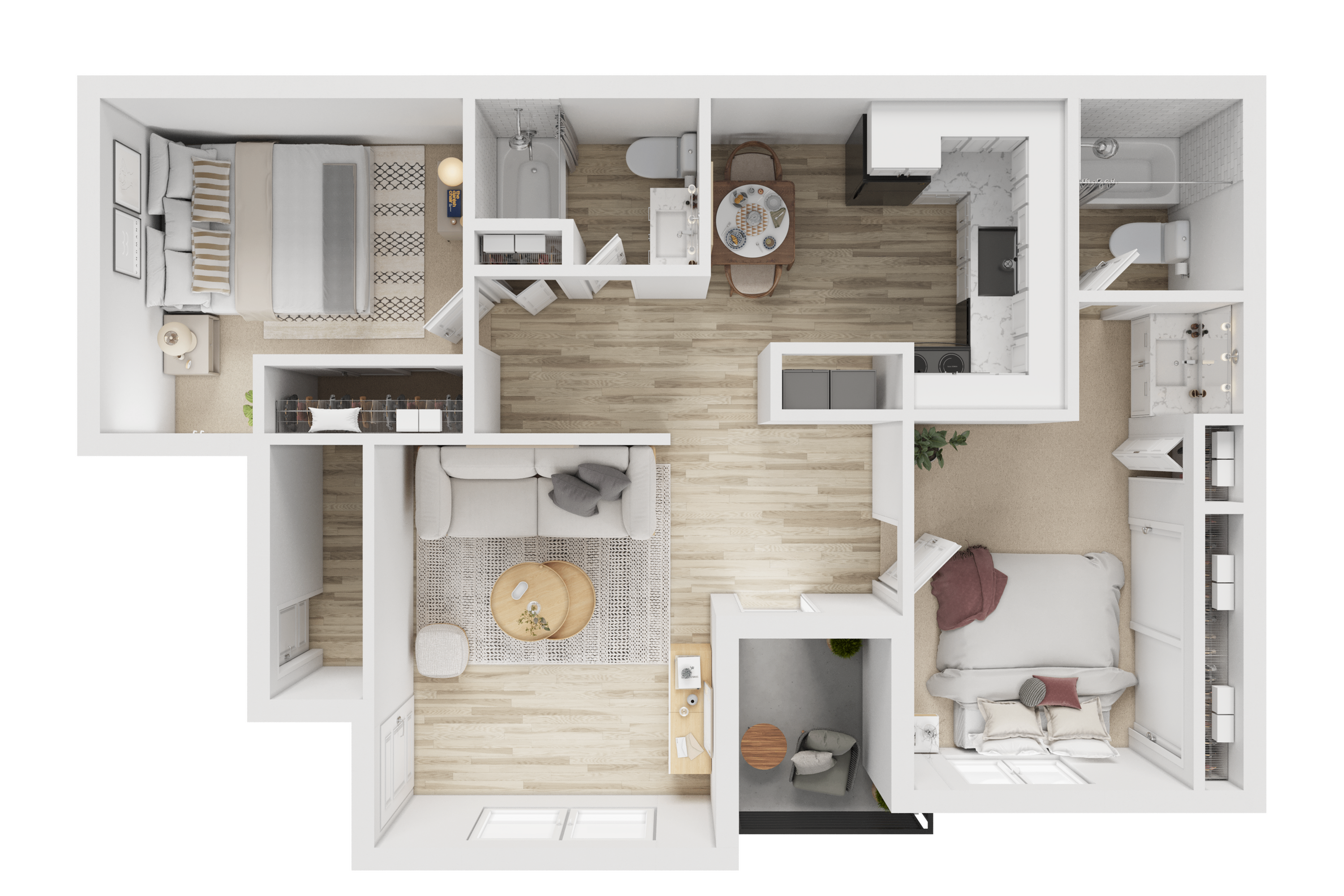 Modern 2D floor plan showcasing 2 bedrooms, a cozy living area, sleek kitchen, and stylish bathrooms.