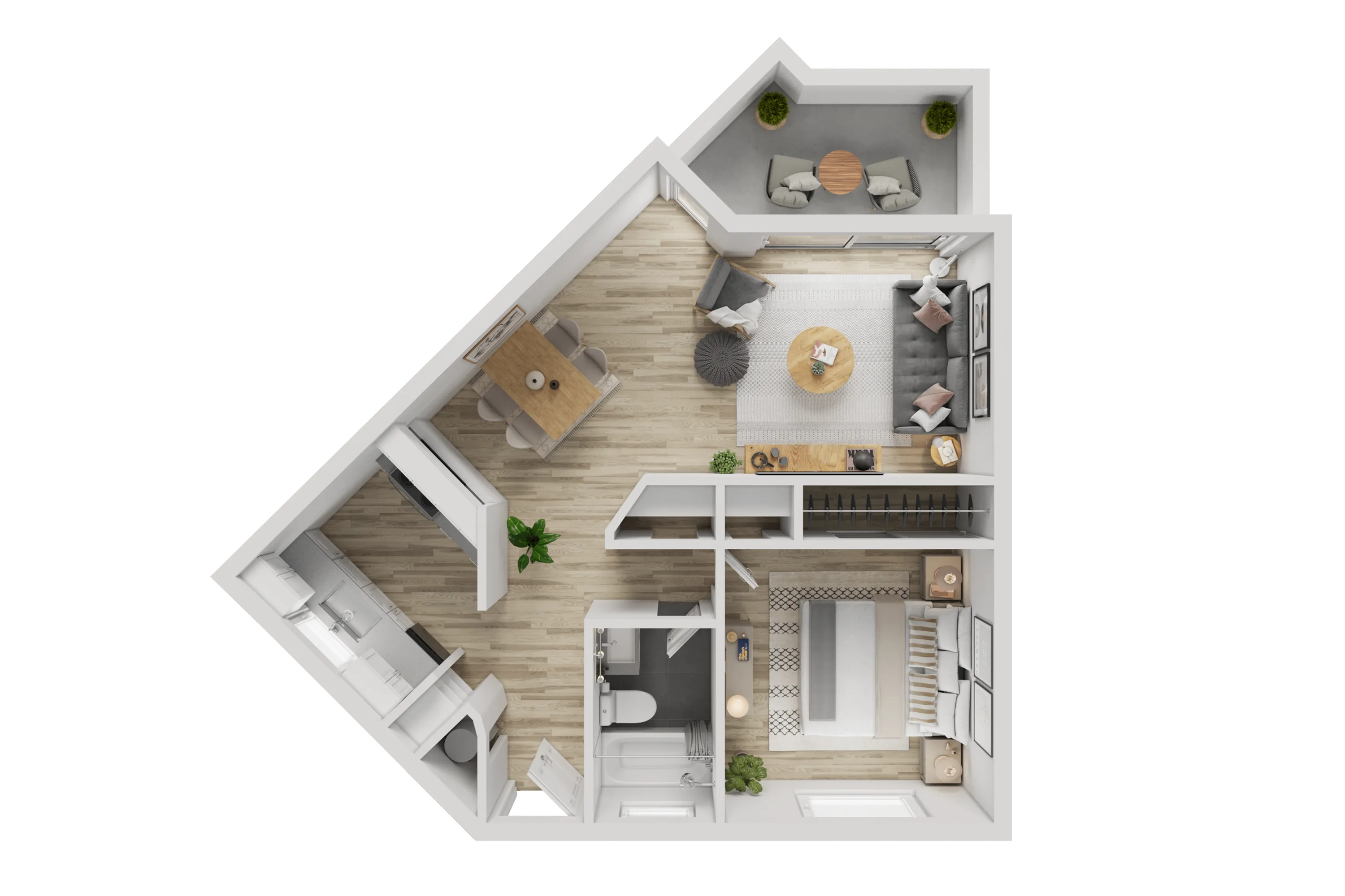 Modern 1-bedroom apartment floor plan with an open-concept living area, stylish kitchen, and private balcony.
