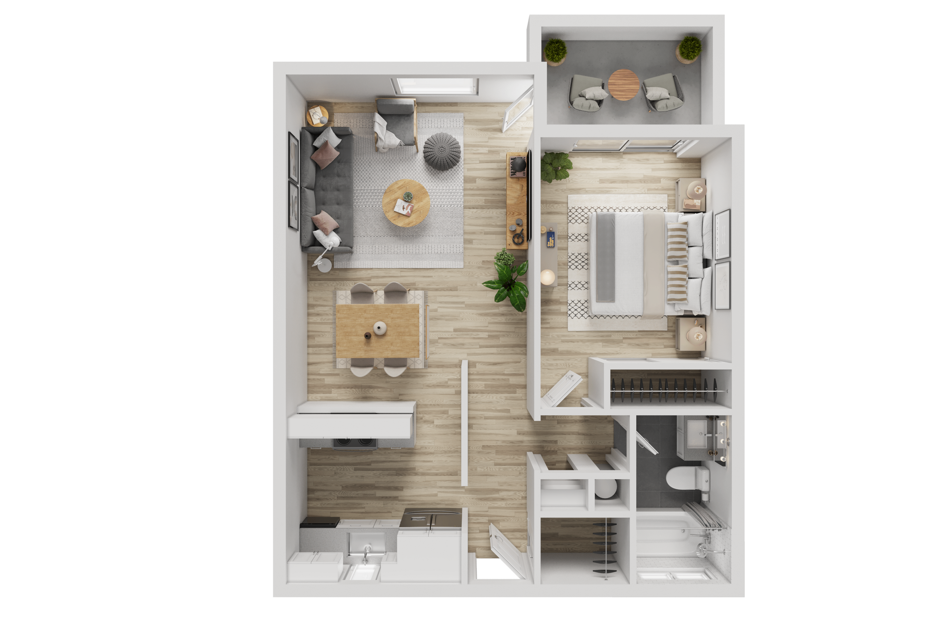 Modern 1-bedroom apartment floor plan featuring an open-layout living and dining area, stylish kitchen, and a cozy balcony.