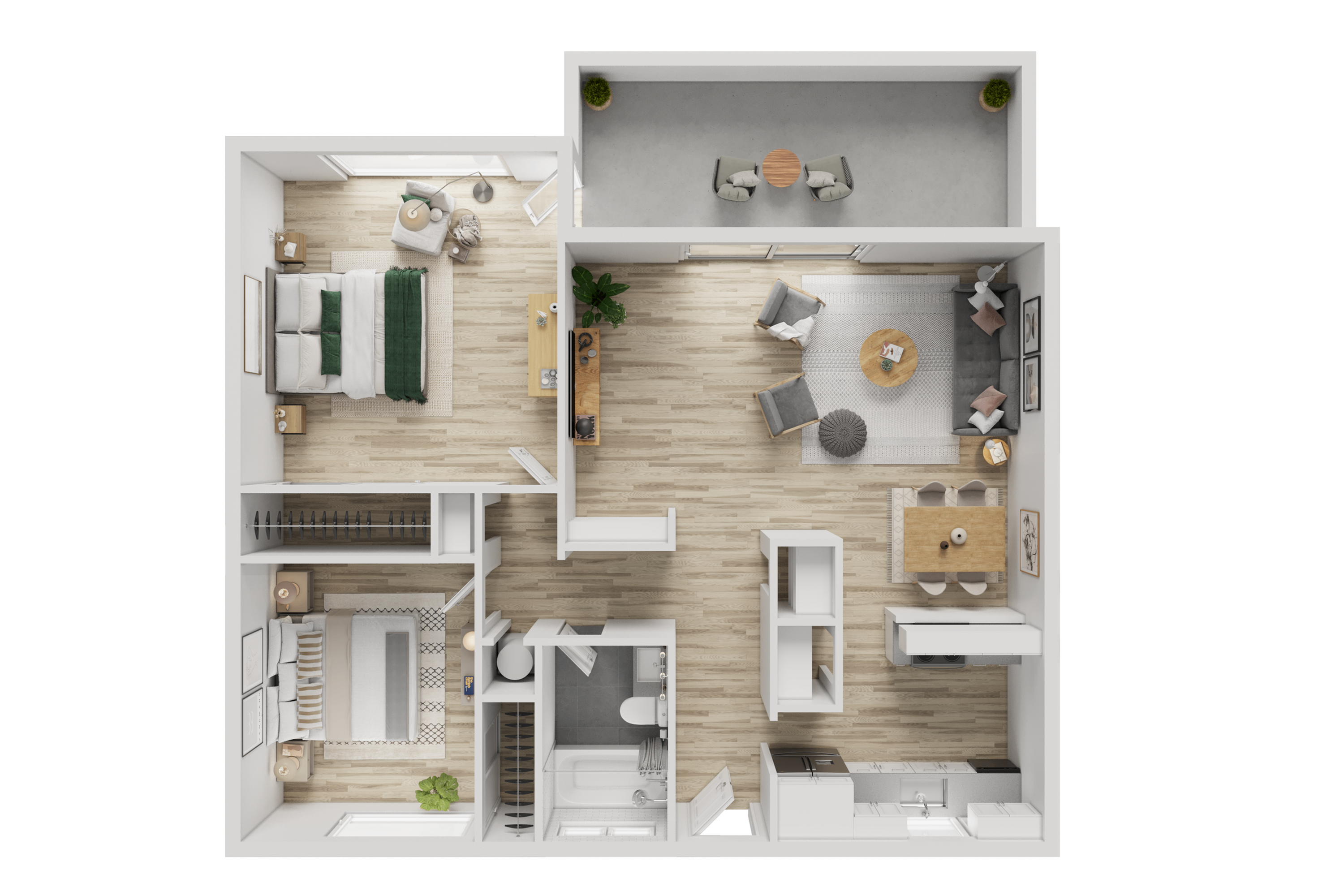 Modern floor plan featuring 2 cozy bedrooms, an open-concept living and dining area, a sleek kitchen, and a spacious balcony perfect for relaxation.