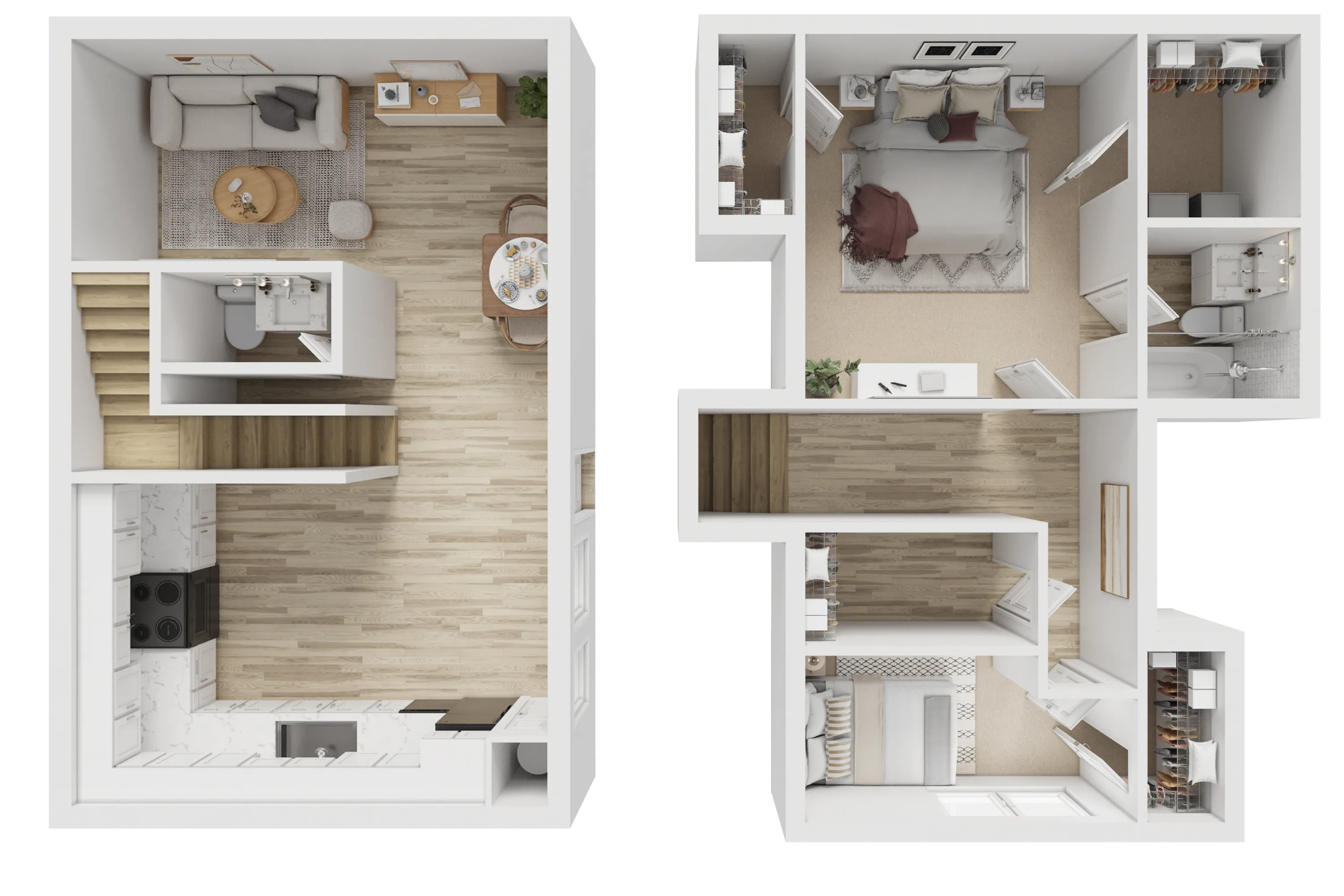 Charming 3D floor plan showcasing a two-story apartment with two bedrooms, a modern kitchen, cozy living area, and elegant bathrooms.