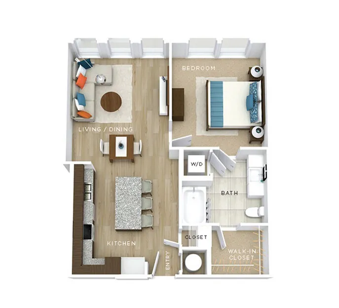 Chic 3D floor plan showcasing a modern one-bedroom apartment with open-concept kitchen and living/dining area, luxurious bath, and spacious walk-in closet.