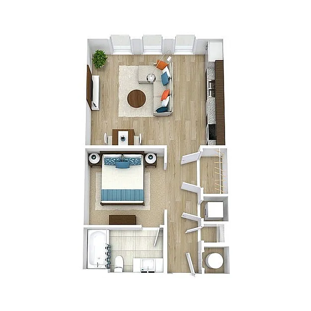 Contemporary 1-bedroom apartment layout with open living area, cozy kitchen, and stylish bathroom.