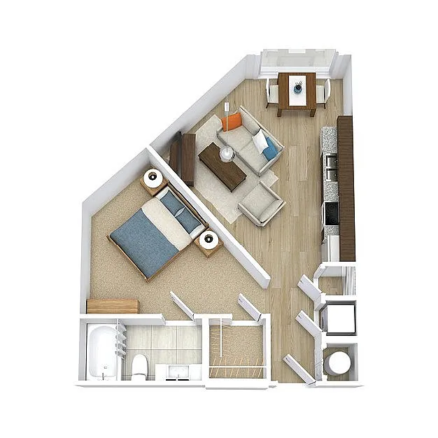 Chic apartment floor plan with 1 bedroom, inviting open living space, modern kitchen, and cozy dining area.