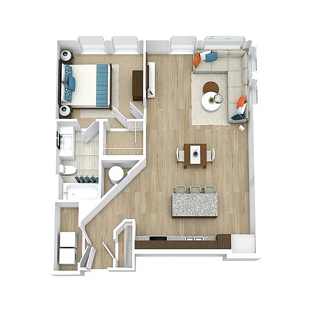 Charming floor plan showcasing a cozy one-bedroom apartment with an open-concept living and dining area, stylish kitchen, and inviting seating space.