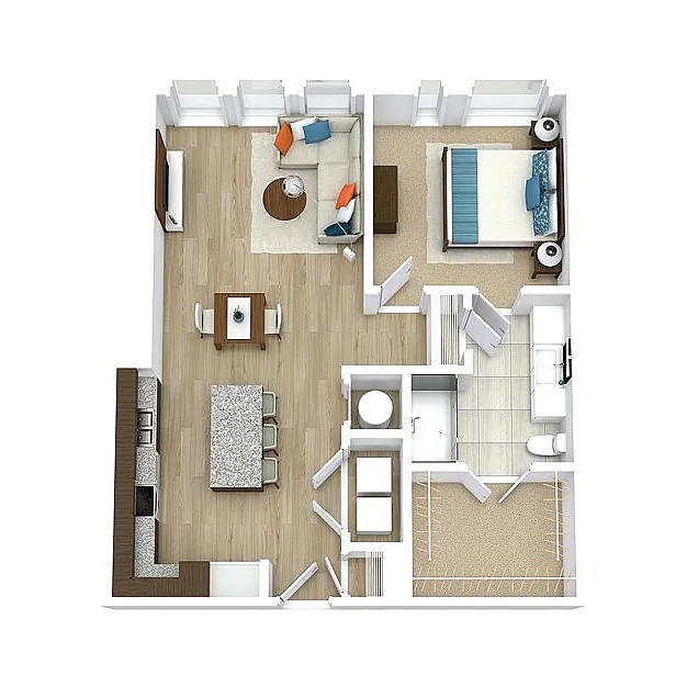Modern 3D floor plan showcasing a spacious 1-bedroom apartment with an open living-dining area, stylish kitchen, and well-appointed bathroom.