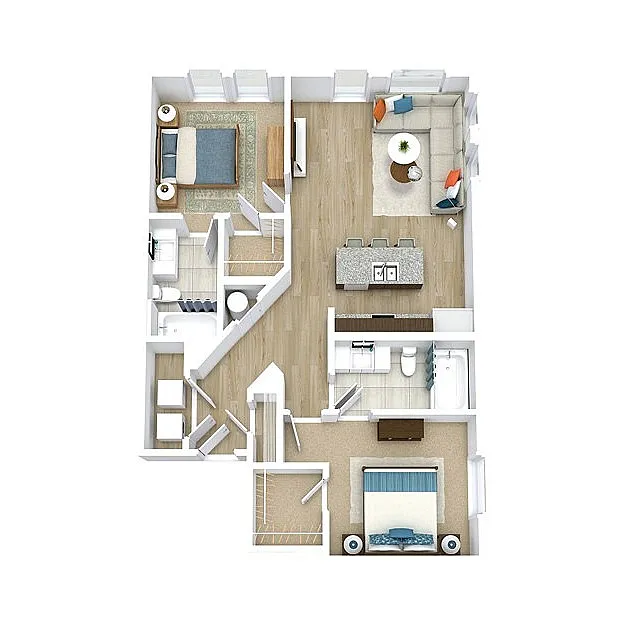 Modern 3D floor plan featuring 2 bedrooms, a cozy living area, and an open kitchen layout.