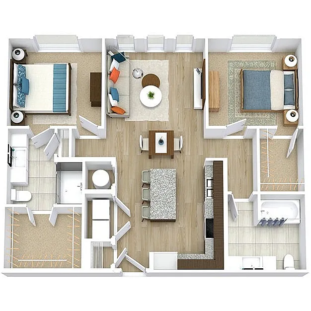 Inviting 3D floor plan of a modern apartment with two spacious bedrooms, open-concept living room, and a stylish kitchen, perfect for comfortable living.