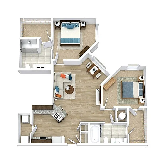 Modern floor plan showcasing 2 bedrooms, a sleek kitchen, cozy living room, and two bathrooms with stylish design.