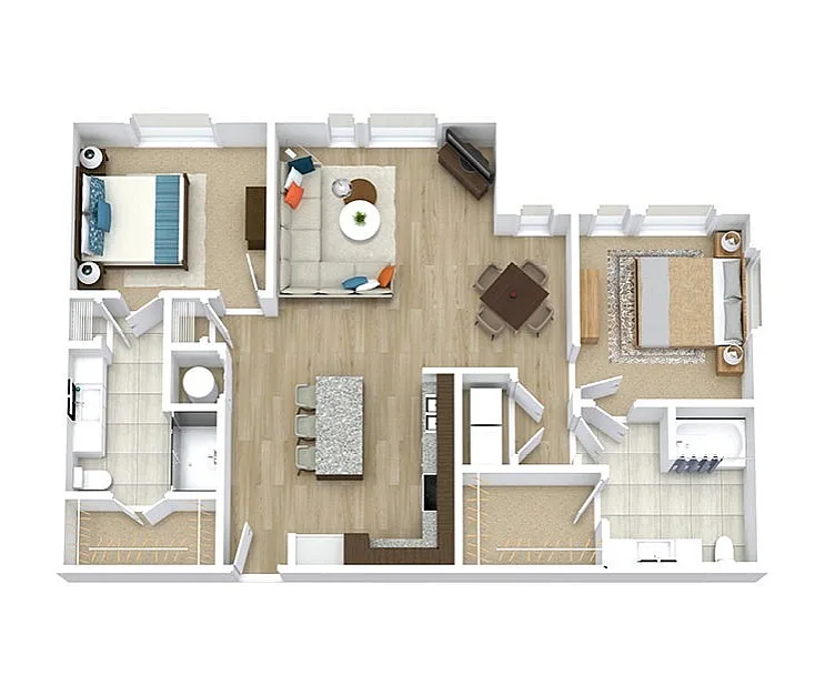 Charming floor plan with two bedrooms, open living room, and stylish kitchen with island dining area.