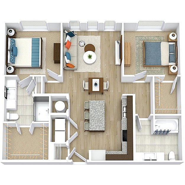 Elegant 3D floor plan showcasing a stylish two-bedroom apartment with open living space, modern kitchen, and two bathrooms.