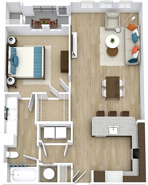 Bright open floor plan featuring a spacious living room, modern kitchen with island seating, and a cozy bedroom with a private balcony.
