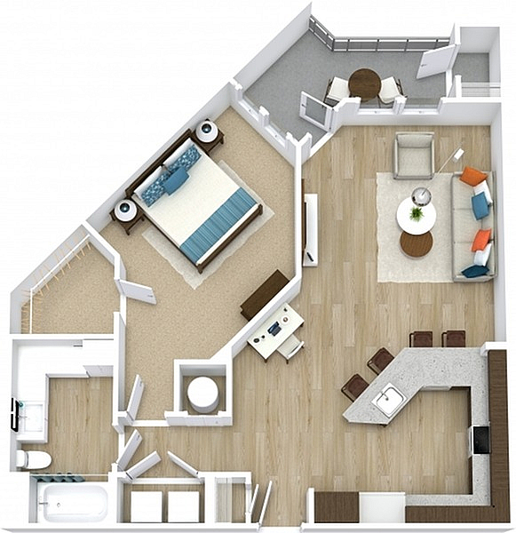 Contemporary apartment floor plan featuring a spacious bedroom, modern open-concept living and dining area, sleek kitchen with island, and inviting balcony.