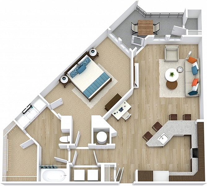 Chic 3D floor plan featuring a spacious bedroom, modern kitchen with island, cozy living area, and balcony for outdoor dining.