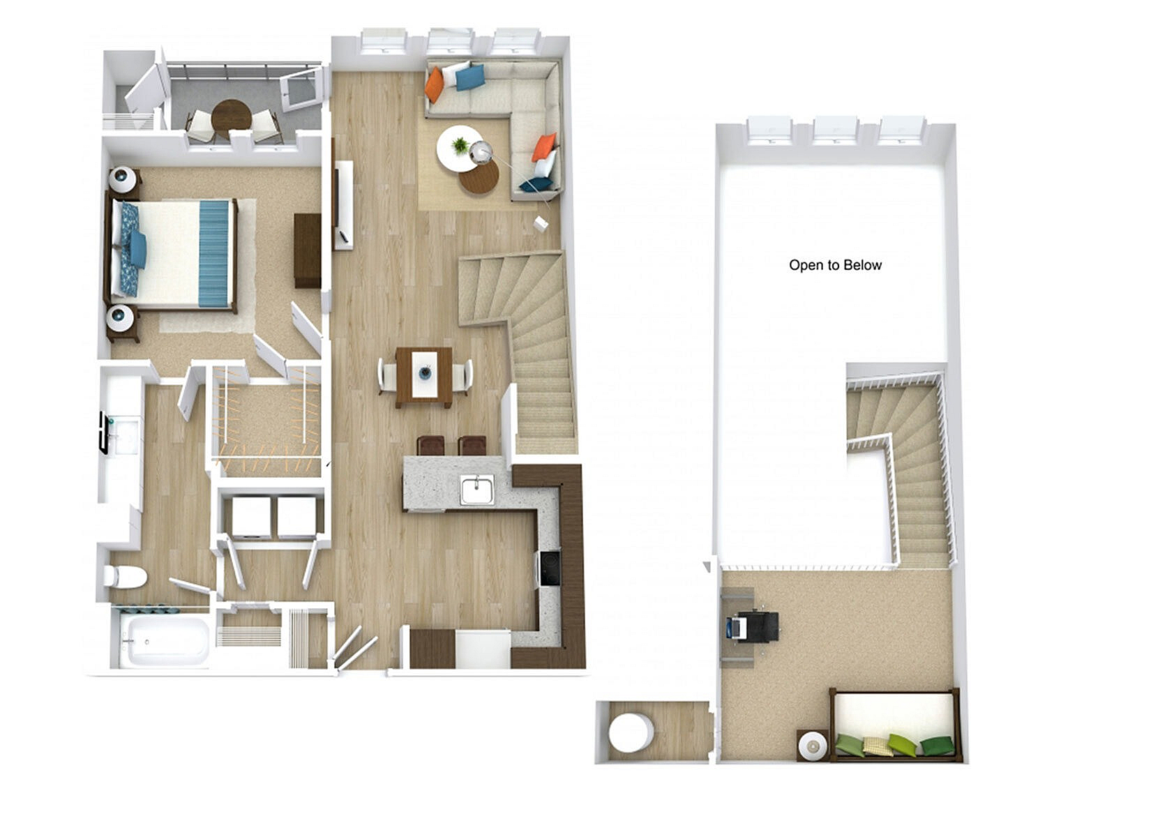 Modern duplex 3D floor plan featuring a cozy bedroom, stylish kitchen, open-concept living area, upper-level office space, and outdoor balcony.