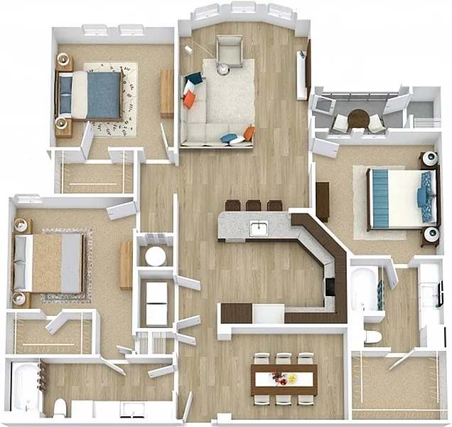 Bright and inviting 3D floor plan featuring three spacious bedrooms, a cozy living area, modern kitchen with island, and a stylish dining space.