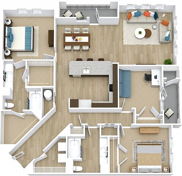 Elegant 3D floor plan showcasing 2 bedrooms, a modern kitchen with an island, open living and dining areas, and two luxurious bathrooms.