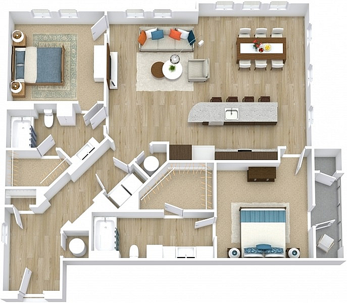 Modern floor plan showcasing a spacious 2-bedroom apartment with an open kitchen, elegant dining area, and inviting living room.
