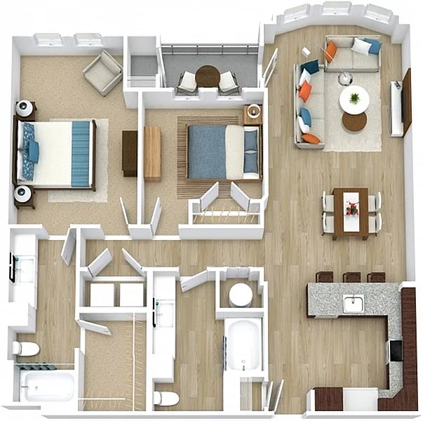 Spacious 2D floor plan showcasing a modern 2-bedroom apartment with stylish living room, elegant dining area, and gourmet kitchen.