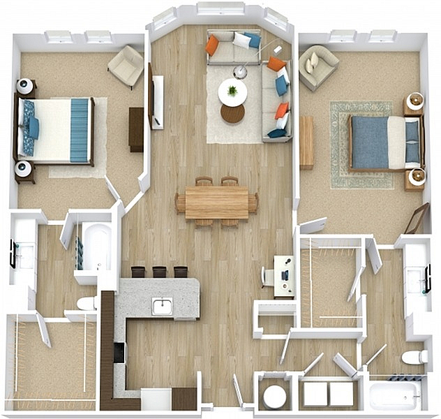 Modern 3D floor plan highlighting 2 spacious bedrooms, an open-concept living and dining area, and a contemporary kitchen with breakfast bar.