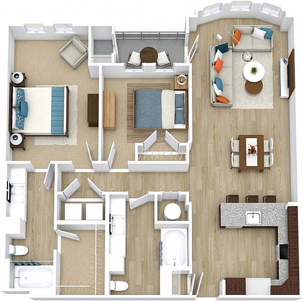 Charming 3D floor plan showcasing two spacious bedrooms, a modern open-concept living area, and a sleek kitchen with bar seating.