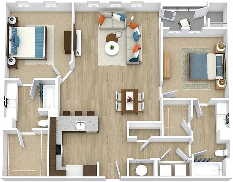 Contemporary 2-bedroom apartment floor plan with open-concept living and dining area, modern kitchen, and two luxurious bathrooms.