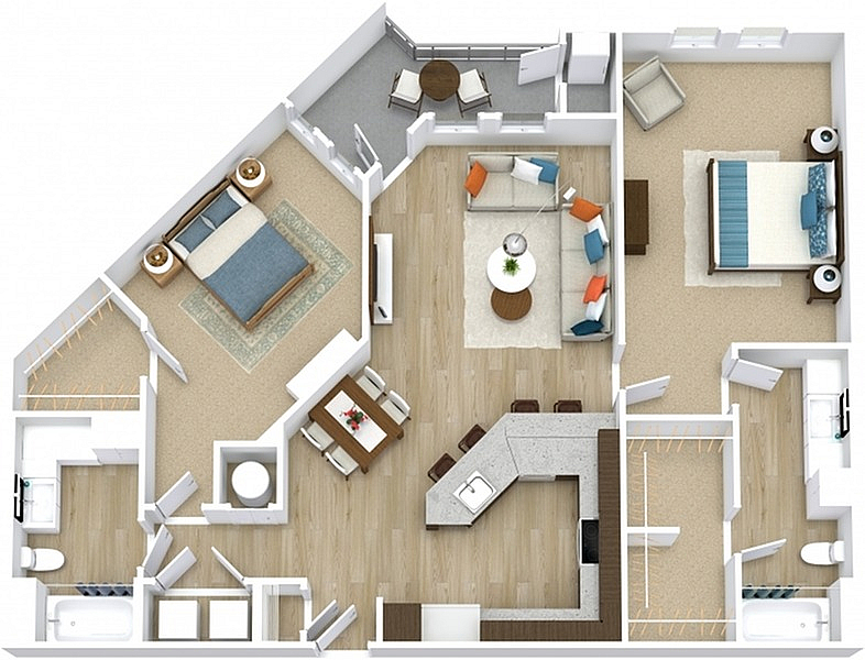 Contemporary floor plan showcasing two spacious bedrooms, an open-concept living and dining area, modern kitchen with island, and a cozy balcony.