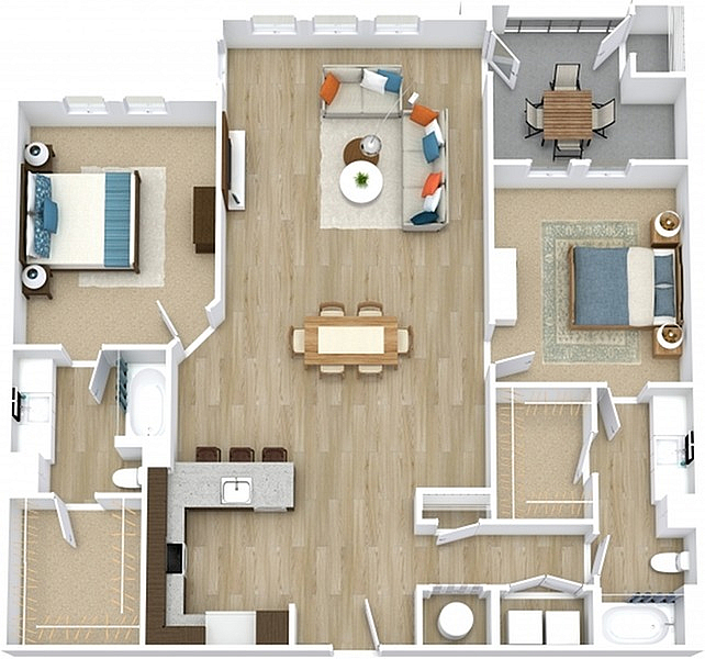 Modern 3D floor plan featuring 2 spacious bedrooms, elegant open-concept living and dining area, stylish kitchen with breakfast bar, and cozy outdoor patio.