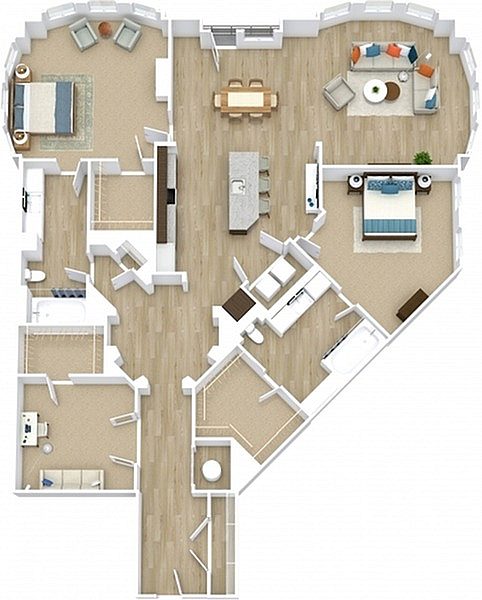 Modern 3D floor plan showcasing 3 bedrooms, elegant open-concept living area, and a chic kitchen island.