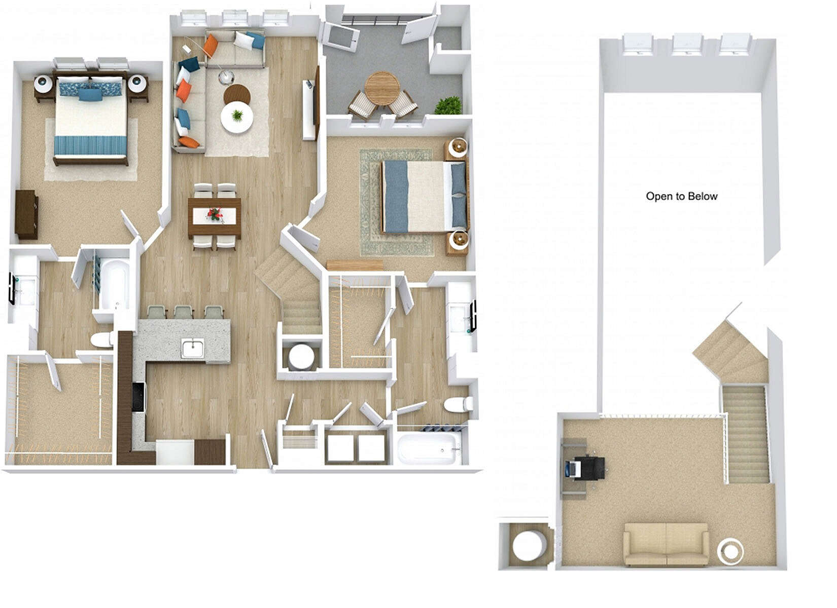 Modern 2D floor plan showcasing two bedrooms, a spacious open-concept living area, and a stylish kitchen with breakfast bar. Includes cozy balcony and additional office space on the upper level.