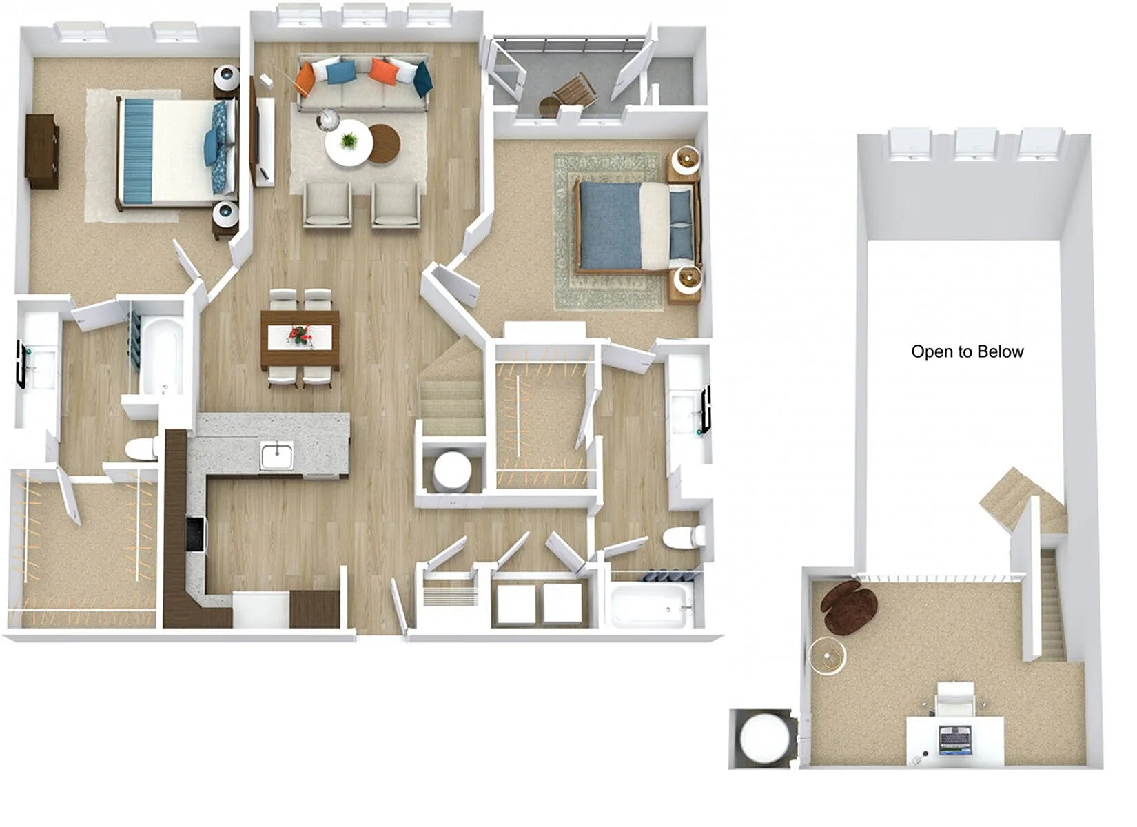 Elegant two-story floor plan showcasing two spacious bedrooms, an open-concept living and dining area, a modern kitchen, and a cozy upstairs space with a study. Perfect balance of style and functionality.