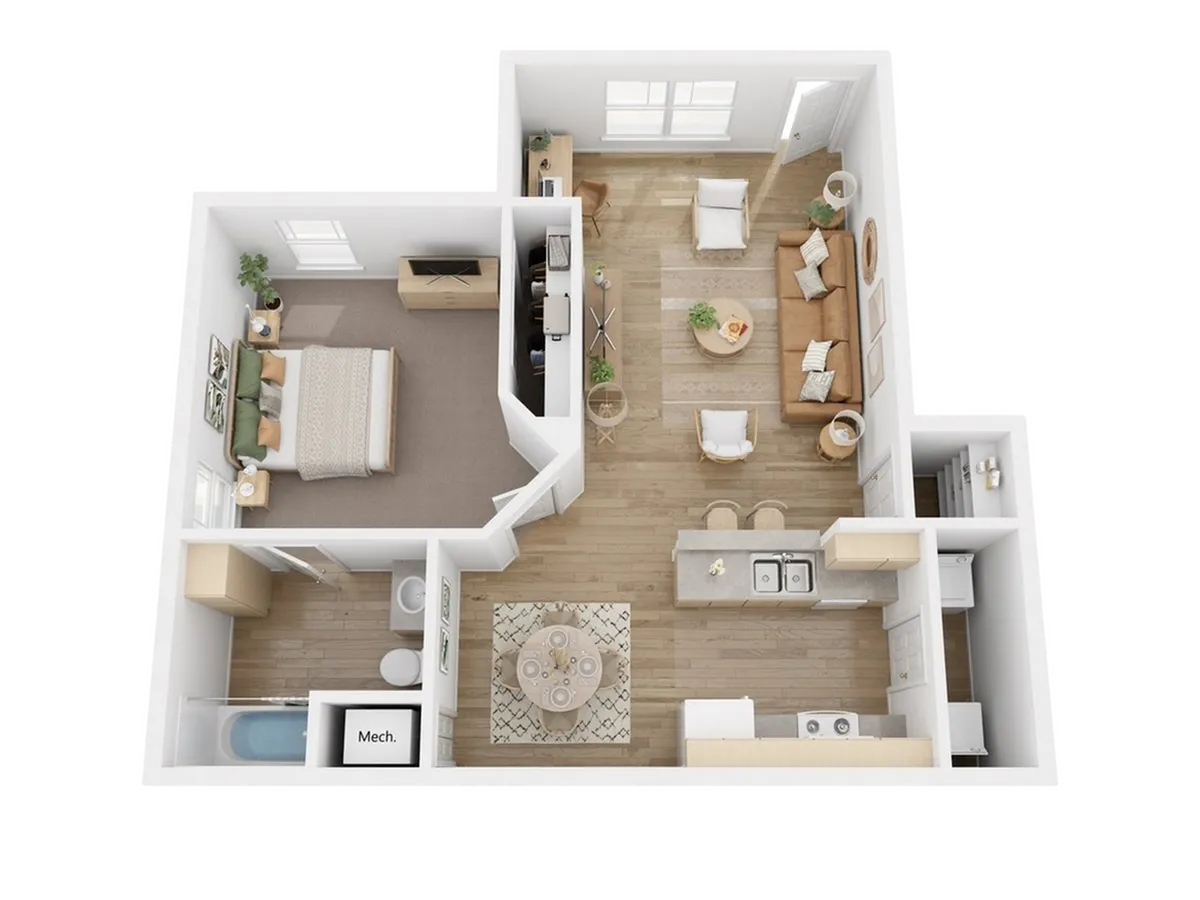 Bright and airy 3D floor plan showcasing a cozy one-bedroom apartment with an open-concept living room, modern kitchen, and stylish dining area.