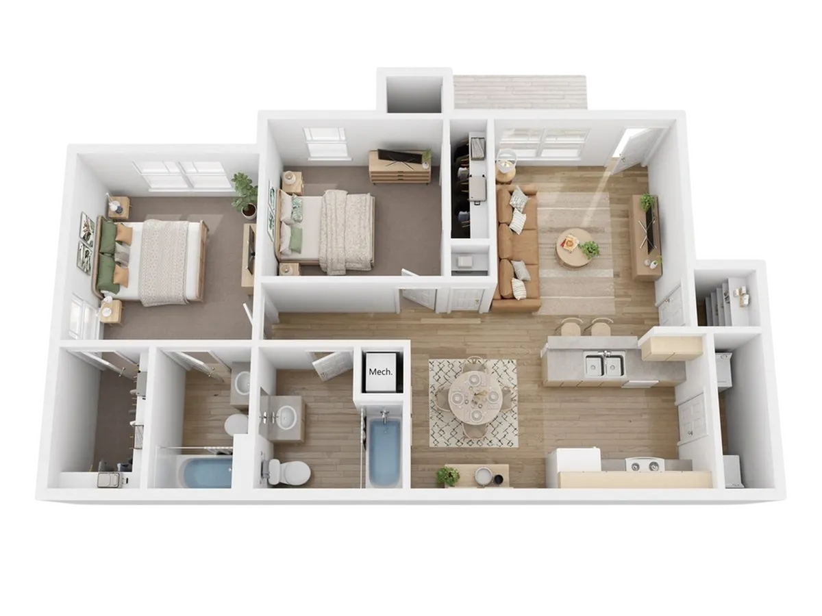 Contemporary 3D floor plan showcasing two cozy bedrooms, stylish open-concept living and dining area, modern kitchen with island, and elegant bathrooms.