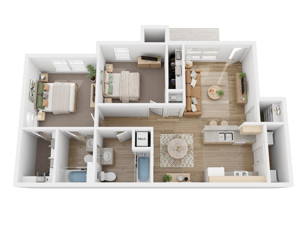 Modern 3D floor plan showcasing 2 bedrooms, open living space, and a stylish kitchen with breakfast bar.