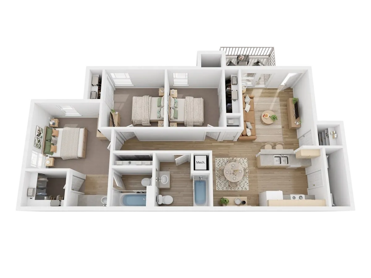 Modern 3D floor plan showcasing 2 cozy bedrooms, a stylish open-concept living room, and a fully-equipped kitchen with breakfast bar.