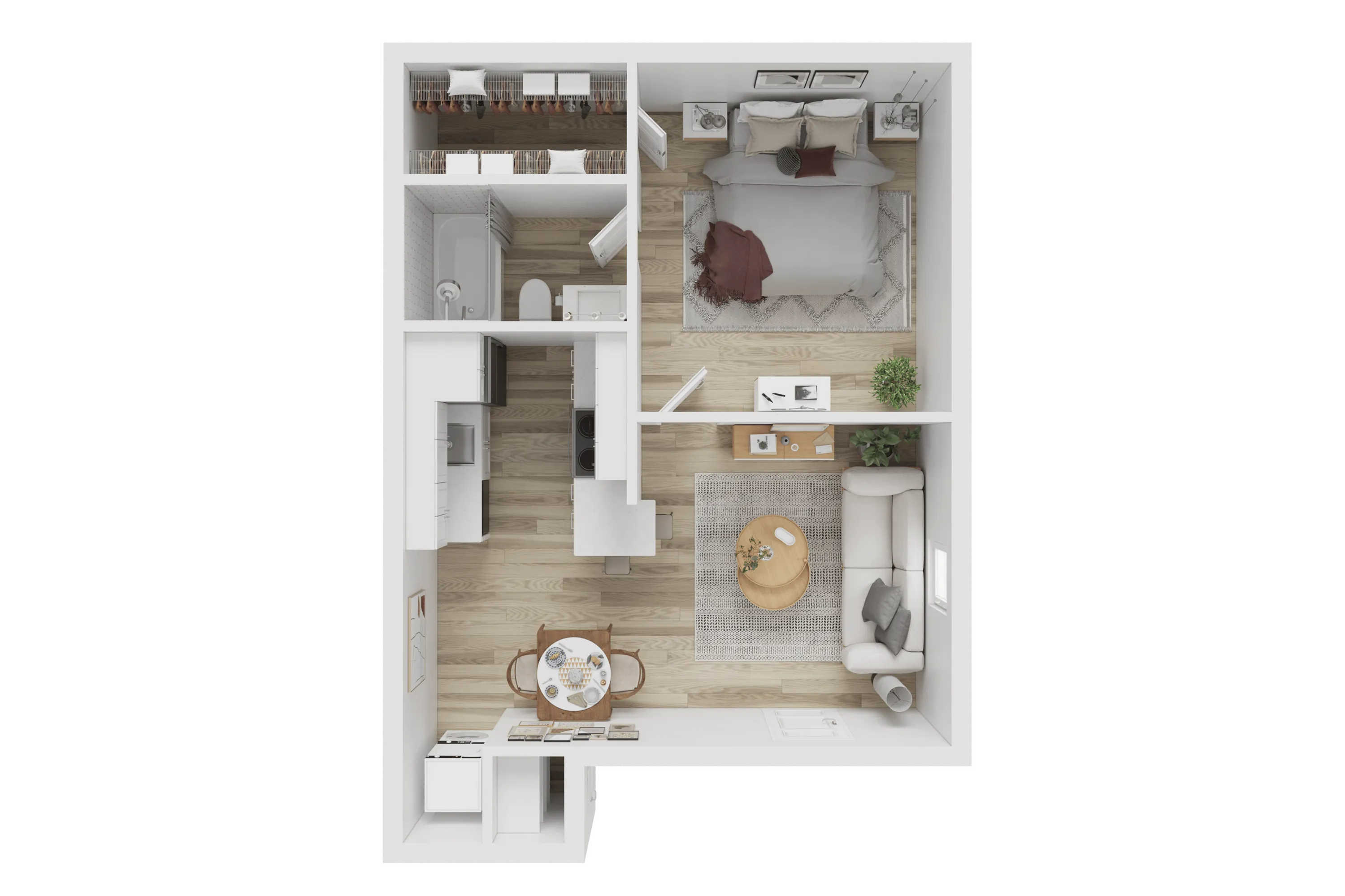 Modern 1-bedroom apartment floor plan featuring an open living area, compact kitchen, and chic bathroom with a cozy design.