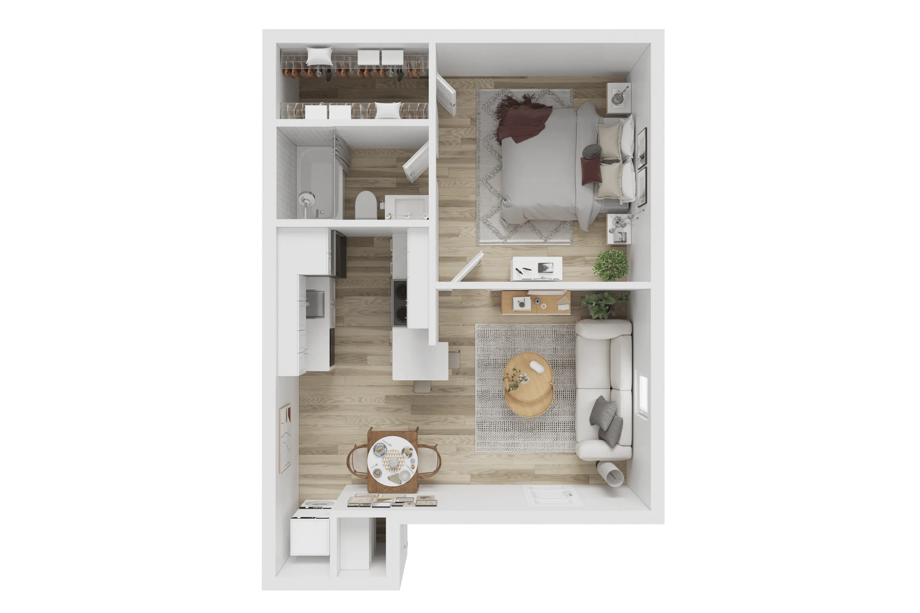 Modern 1-bedroom apartment floor plan showcasing an open-concept living area, cozy bedroom, stylish kitchen, and chic bathroom with elegant fixtures.